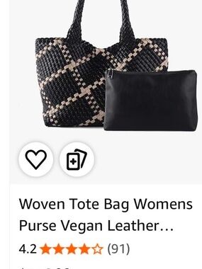 Woven Black Tote Bag with Removable Pouch - Vegan Leather